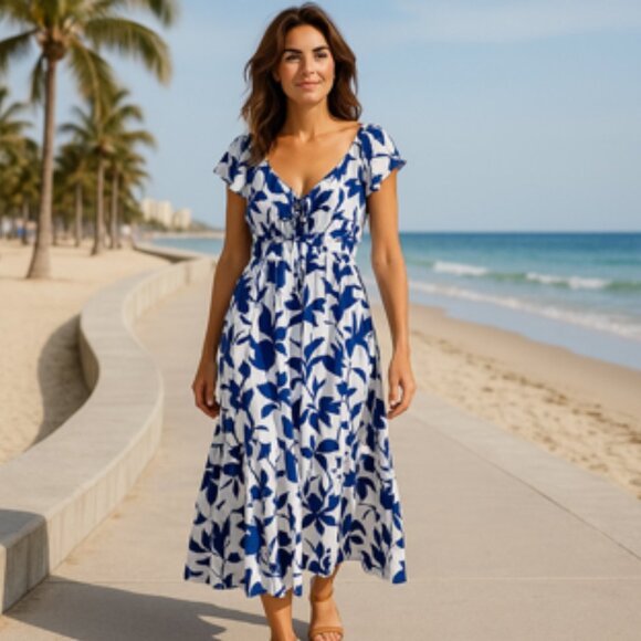 Nine West Blue White Floral Maxi Dress with Flutter Sleeve XL - Picture 1 of 9